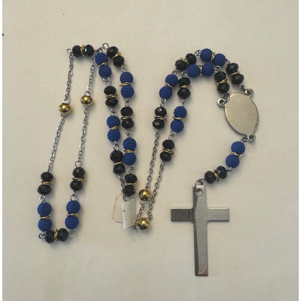 Stainless steel Necklace rosary with beads black and blue